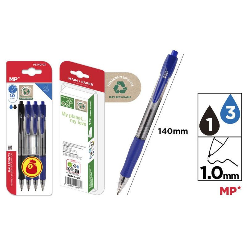 4 BOLIGRAFO PUNTA 1.0MM 3 AZUL +1 NEGRO