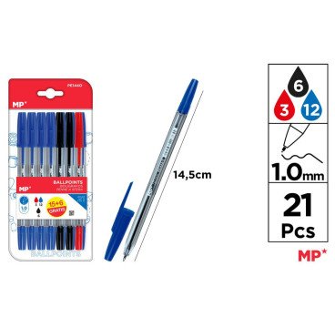 21 BOLIGRAFO 1.0MM 3ROJOS+12AZULES+6NEGROS