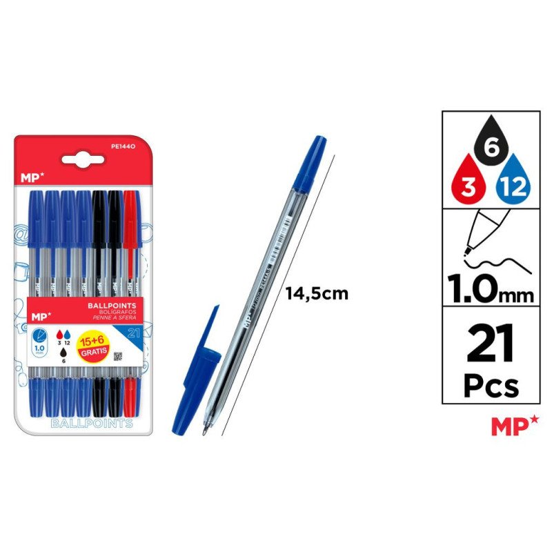 21 BOLIGRAFO 1.0MM 3ROJOS+12AZULES+6NEGROS