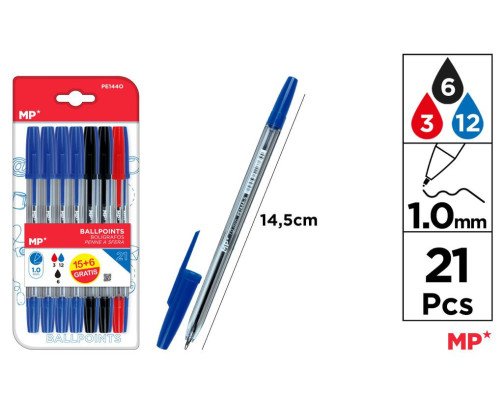 21 BOLIGRAFO 1.0MM 3ROJOS+12AZULES+6NEGROS