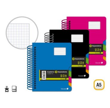CUADERNOS A5 CON 4 SEPARADORES TAPA PLASTICO 160H 5*5MM 90G