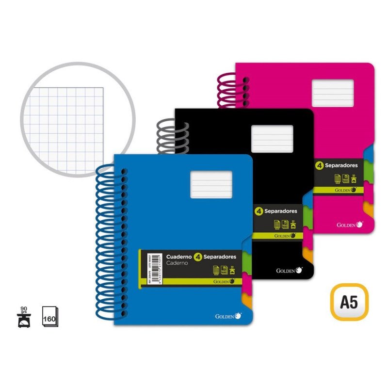 CUADERNOS A5 CON 4 SEPARADORES TAPA PLASTICO 160H 5*5MM 90G