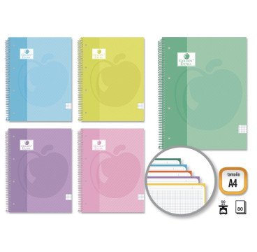 CUADERNOS A4 TAPA CARTON DURO CUADRICULADOR 5*5MM  ,80H 90GR COLOR PASTEL