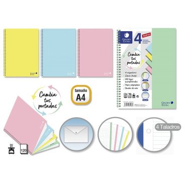 CUADERNOS A4 4EN1 TAPA PLASTICO PASTEL 120H CUADRICULADO 5*5MM 90G +1 CARPETA