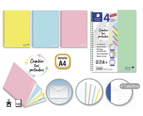CUADERNOS A4 4EN1 TAPA PLASTICO PASTEL 120H CUADRICULADO 5*5MM 90G +1 CARPETA