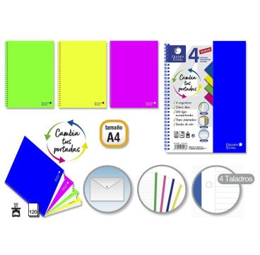 CUADERNOS A4 4EN1 TAPA PLASTICO 120H CUADRICULADO 5*5MM 90G +1 CARPETA