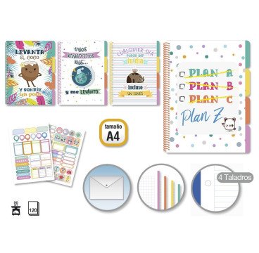 CUADERNOS A4 TAPA PLASTICO CON 4 SEPARADORES 120H CUADRICULADO 5*5MM 90GRS CON 2HOJAS DE PEGATINA Y 1CARPETA