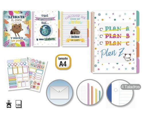 CUADERNOS A4 TAPA PLASTICO CON 4 SEPARADORES 120H CUADRICULADO 5*5MM 90GRS CON 2HOJAS DE PEGATINA Y 1CARPETA