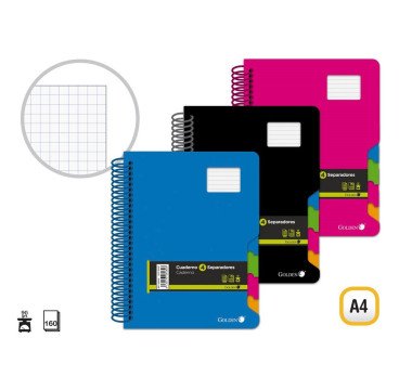 CUADERNOS A4 CON 4 SEPARADORES TAPA PLASTICO 160H CUADRICULADO 5*5MM 90GRS