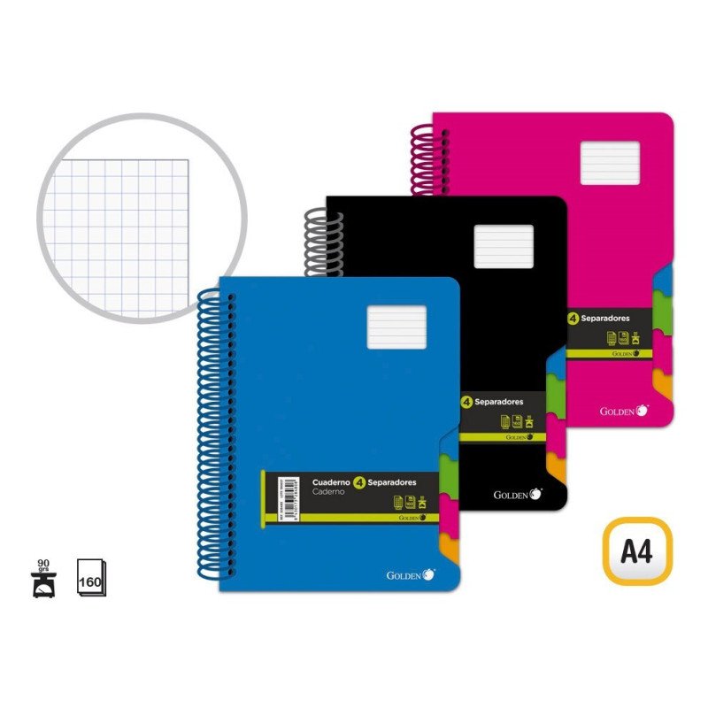 CUADERNOS A4 CON 4 SEPARADORES TAPA PLASTICO 160H CUADRICULADO 5*5MM 90GRS