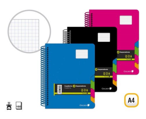CUADERNOS A4 CON 4 SEPARADORES TAPA PLASTICO 160H CUADRICULADO 5*5MM 90GRS