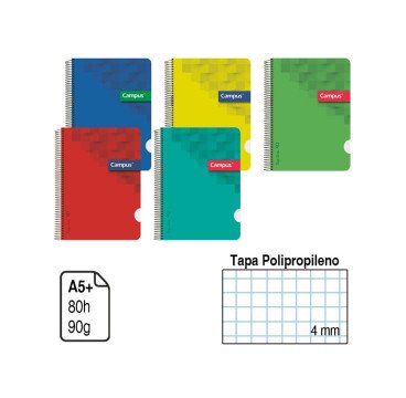 BLOC ESPIRAL CAMPUS A5+ TAPA POLIPROPILENO 80 H. 90 G. CUADRÍCULA 4 MM. REF. 2434