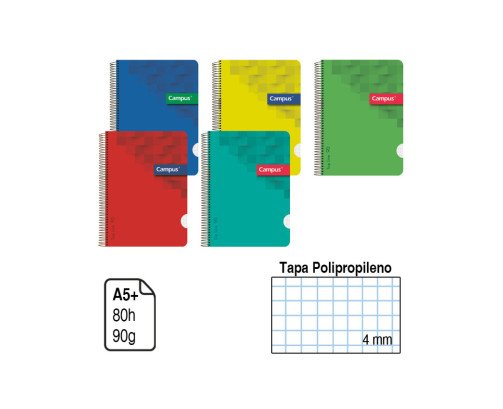 BLOC ESPIRAL CAMPUS A5+ TAPA POLIPROPILENO 80 H. 90 G. CUADRÍCULA 4 MM. REF. 2434
