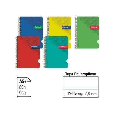 BLOC ESPIRAL CAMPUS A5+ TAPA POLIPROPILENO 80 H. 90 G. DOBLE RAYA 2,5 MM. REF. 2437