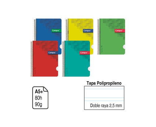 BLOC ESPIRAL CAMPUS A5+ TAPA POLIPROPILENO 80 H. 90 G. DOBLE RAYA 2,5 MM. REF. 2437