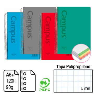 BLOC ESPIRAL MICROPERFORADO CAMPUS A5+ TAPA POLIPROPILENO 120 H. 90 G. CUADRÍCULA 5 MM. REF. 3184