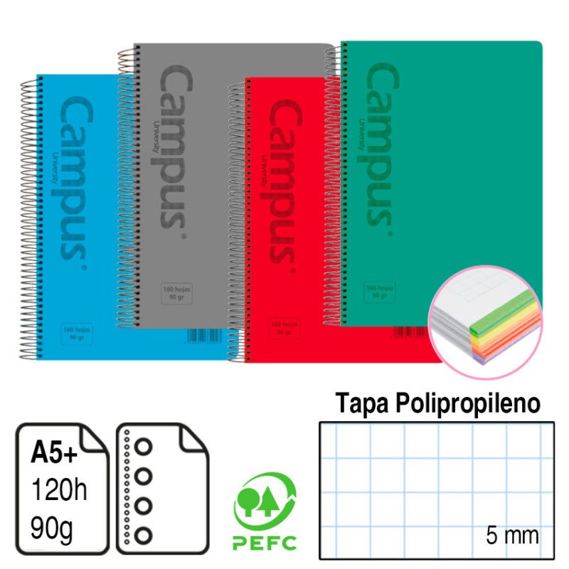 BLOC ESPIRAL MICROPERFORADO CAMPUS A5+ TAPA POLIPROPILENO 120 H. 90 G. CUADRÍCULA 5 MM. REF. 3184