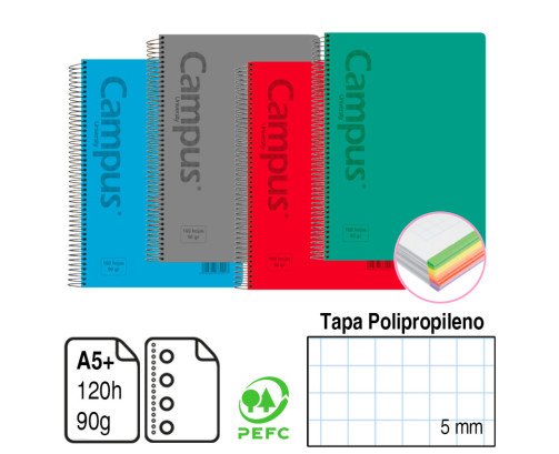 BLOC ESPIRAL MICROPERFORADO CAMPUS A5+ TAPA POLIPROPILENO 120 H. 90 G. CUADRÍCULA 5 MM. REF. 3184