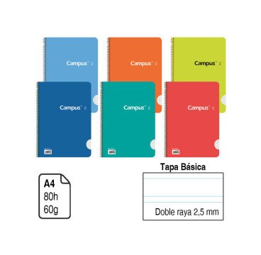 BLOC ESPIRAL CAMPUS A4 TAPA BÁSICA 80 H. DOBLE RAYA 2,5 MM. REF. 1150