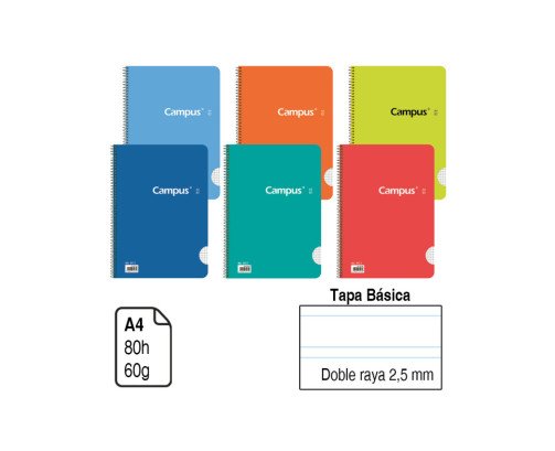 BLOC ESPIRAL CAMPUS A4 TAPA BÁSICA 80 H. DOBLE RAYA 2,5 MM. REF. 1150