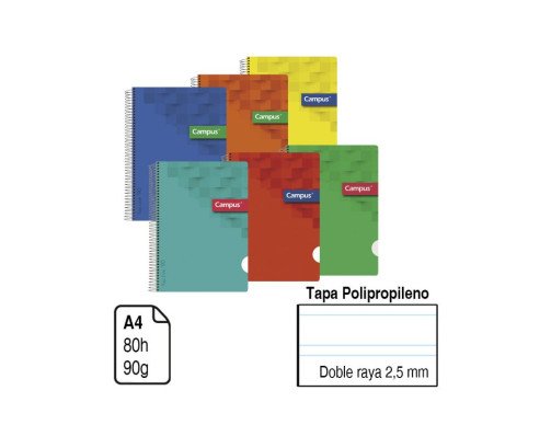 BLOC ESPIRAL CAMPUS A4 TAPA POLIPROPILENO 80 H. 90 G. DOBLE RAYA 2,5 MM. REF. 2429