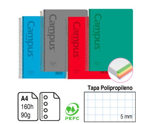 BLOC ESPIRAL MICROPERFORADO CAMPUS A4 TAPA POLIPROPILENO 160 H. 90 G. CUADRÍCULA 5 MM. REF. 3187