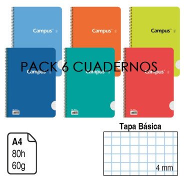 PACK 6 CUADERNOS TAPACARTON 4MM 80H 60GR