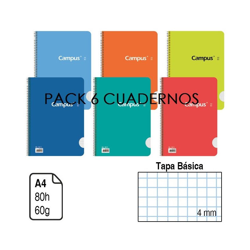 PACK 6 CUADERNOS TAPACARTON 4MM 80H 60GR