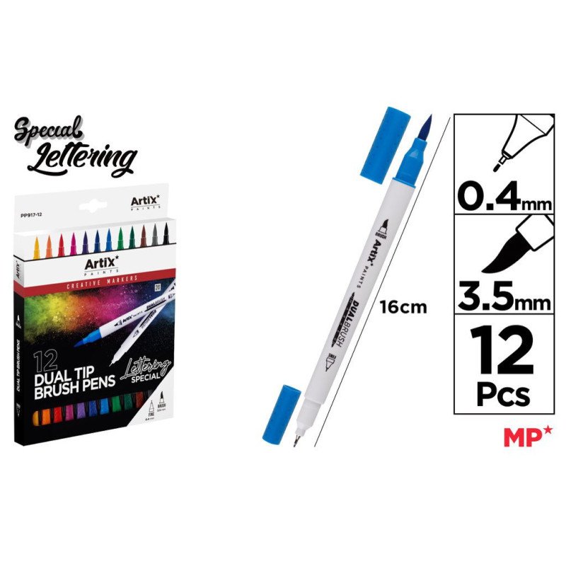 12 ROTULADOR LETTERING DOBLE PUNTA FINA 0.4MM Y PINTA PINCEL 3.5MM