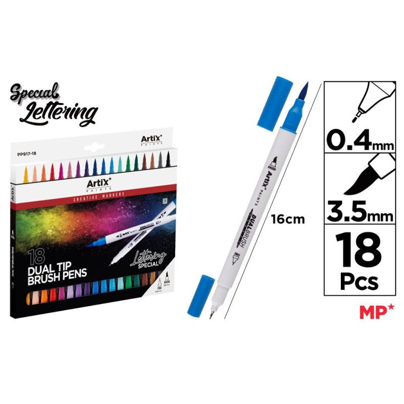 18 ROTULADOR LETTERING DOBLE PUNTA FINA 0.4MM Y PINTA PINCEL 3.5MM