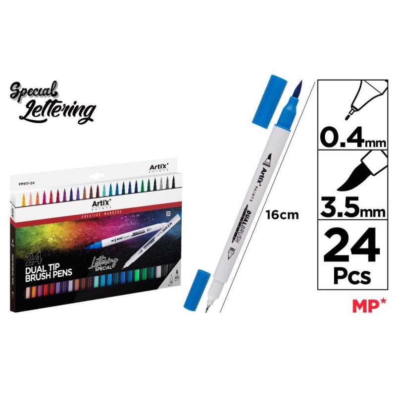 24 ROTULADOR LETTERING DOBLE PUNTA FINA 0.4MM Y PINTA PINCEL 3.5MM